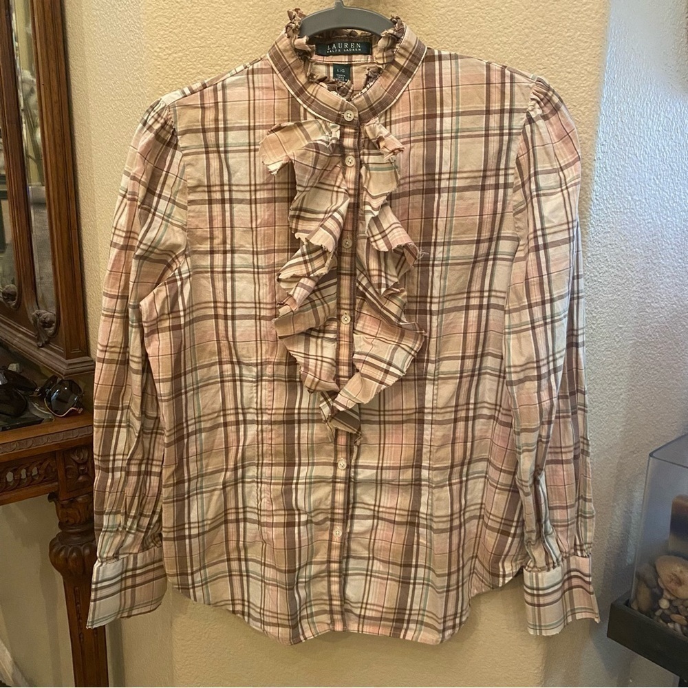 Vintage RALPH LAUREN Women Ruffled Plaid Long Sleeve Top Size Large-Fit Small